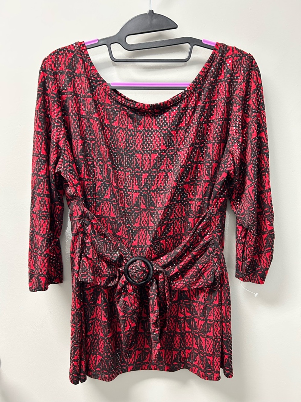 Perceptions Red and Black Abstract Print Top with Belt Sz 16